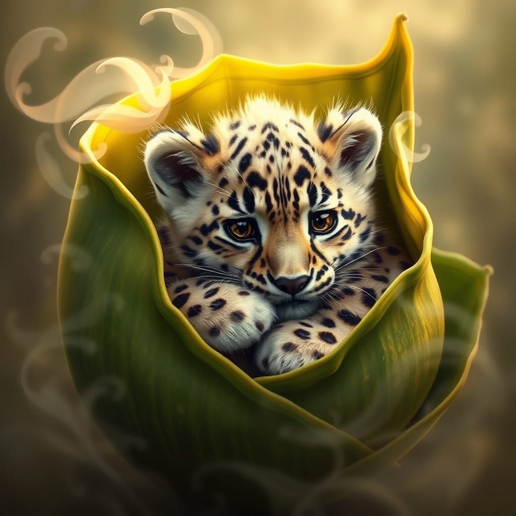 Whimsical Snow Leopard Cub Enveloped in a Magical Leaf