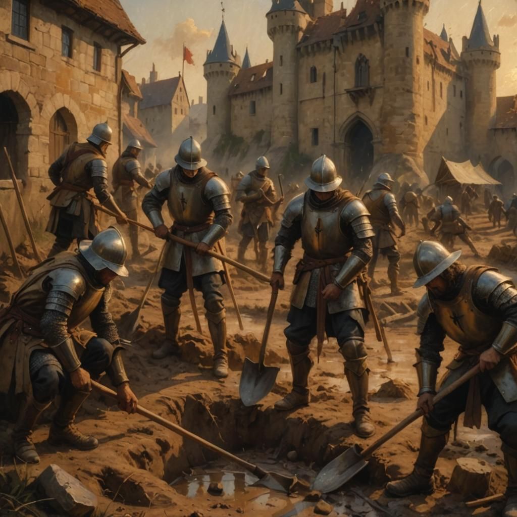 Medieval Siege: Soldiers Digging in Golden Light
