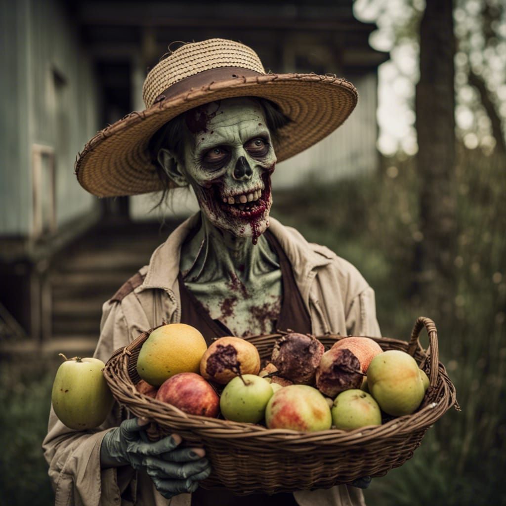 Zombie in Straw Hat with Rotted Fruit
