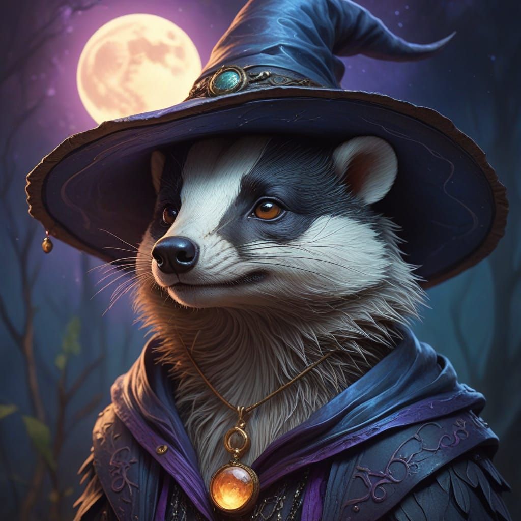 Surreal Witch Badger Under Nocturnal Forest Moonlight