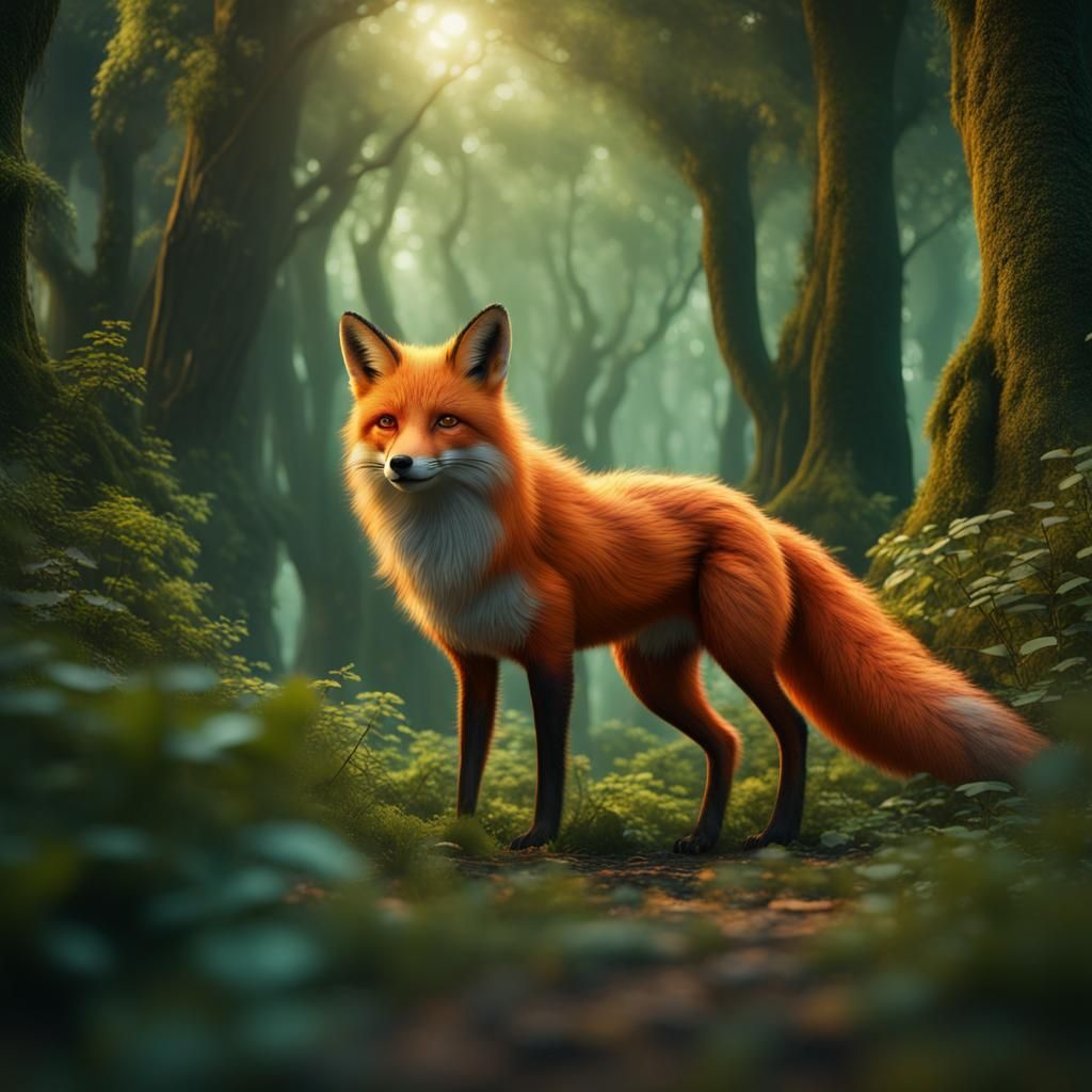 Giant Orange Fox in Green Woods: Detailed Matte Painting