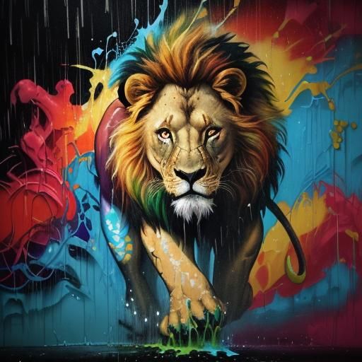 Lion in Rainy Jungle: Graffiti Splash Art