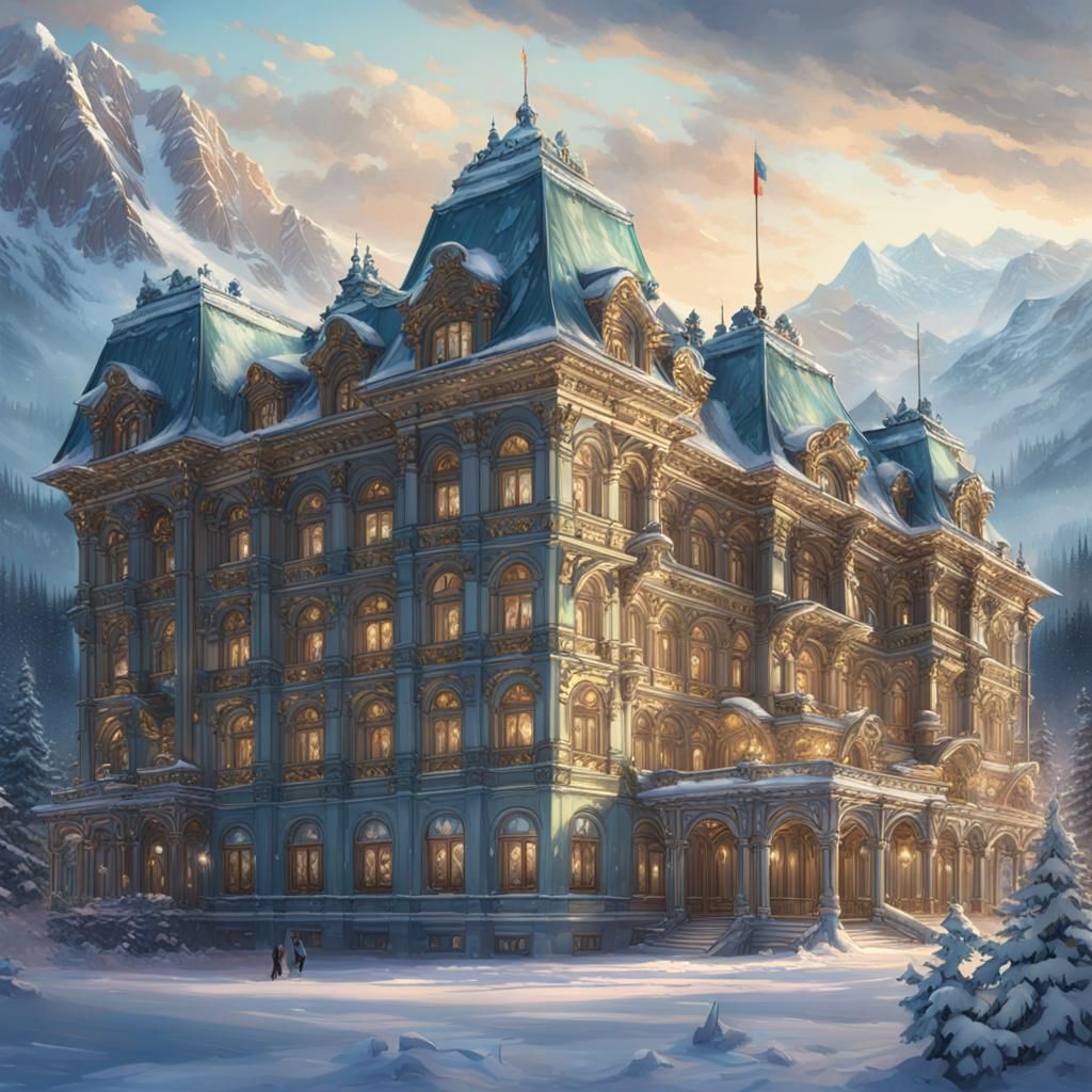 Winter Palace in Canadian Rockies, Hyperdetailed Concept Art