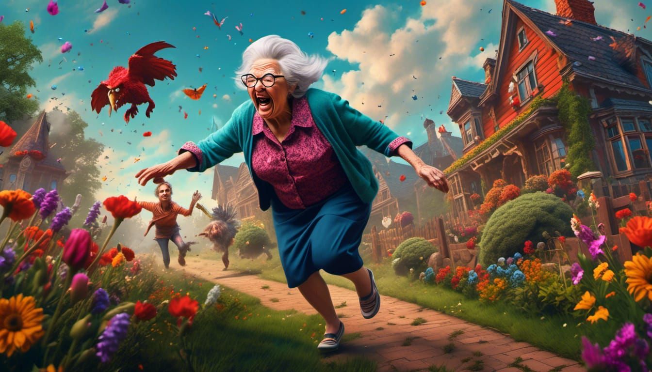 Frightened Granny Escapes Monster Gnome in Garden