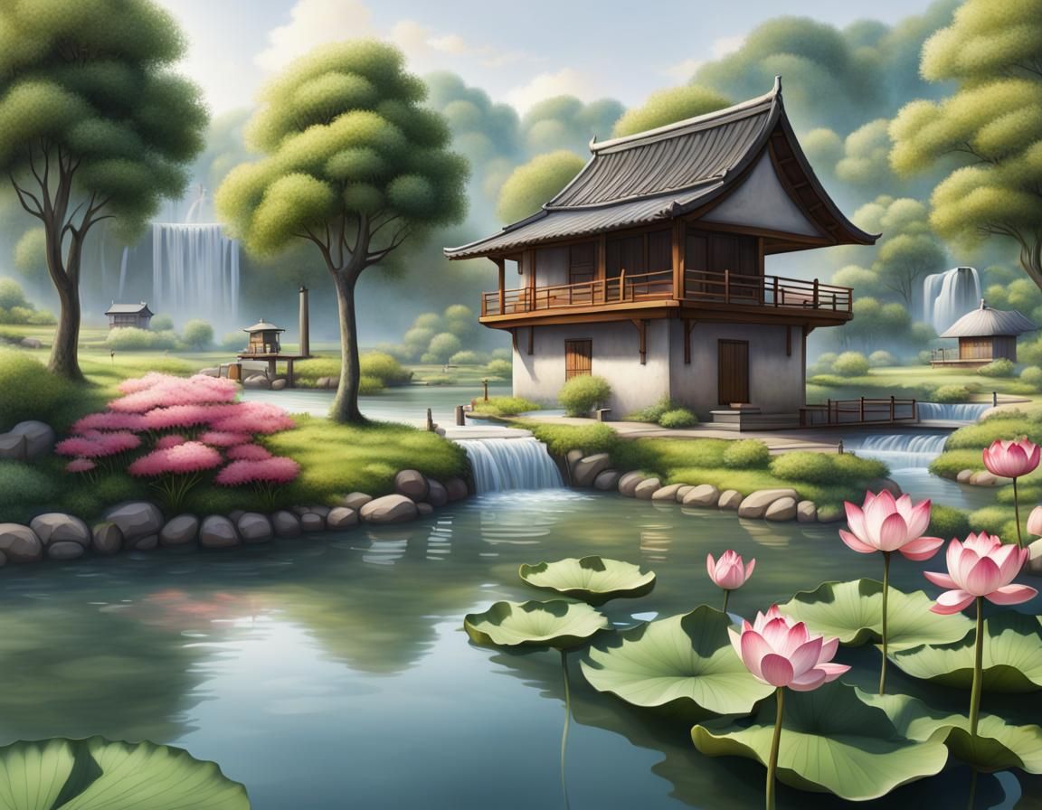 Peaceful Asian Farm with Waterfall and Lotus Flowers