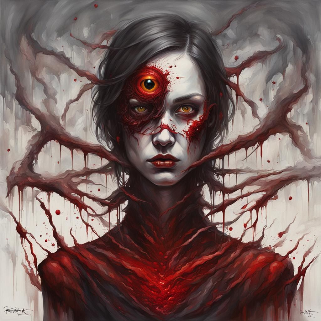 Fragile Woman with Red Eyes in Blood Art Style