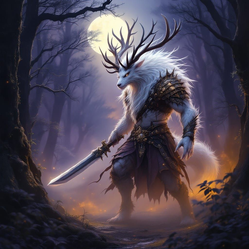 Majestic Dragon Deer Beast Man in Moonlit Elven Woods