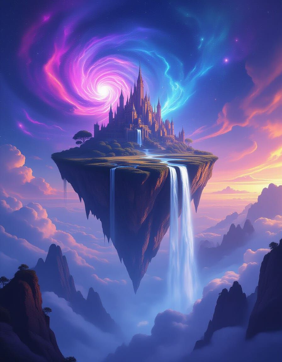 Floating Island in Space with Nebula Background