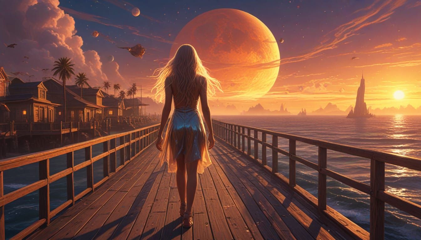 Epic Sci-Fi Woman on Boardwalk in Digital Painting