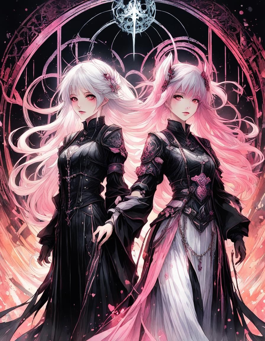 Gothic Girls Holding Hands in Watercolor and Ink