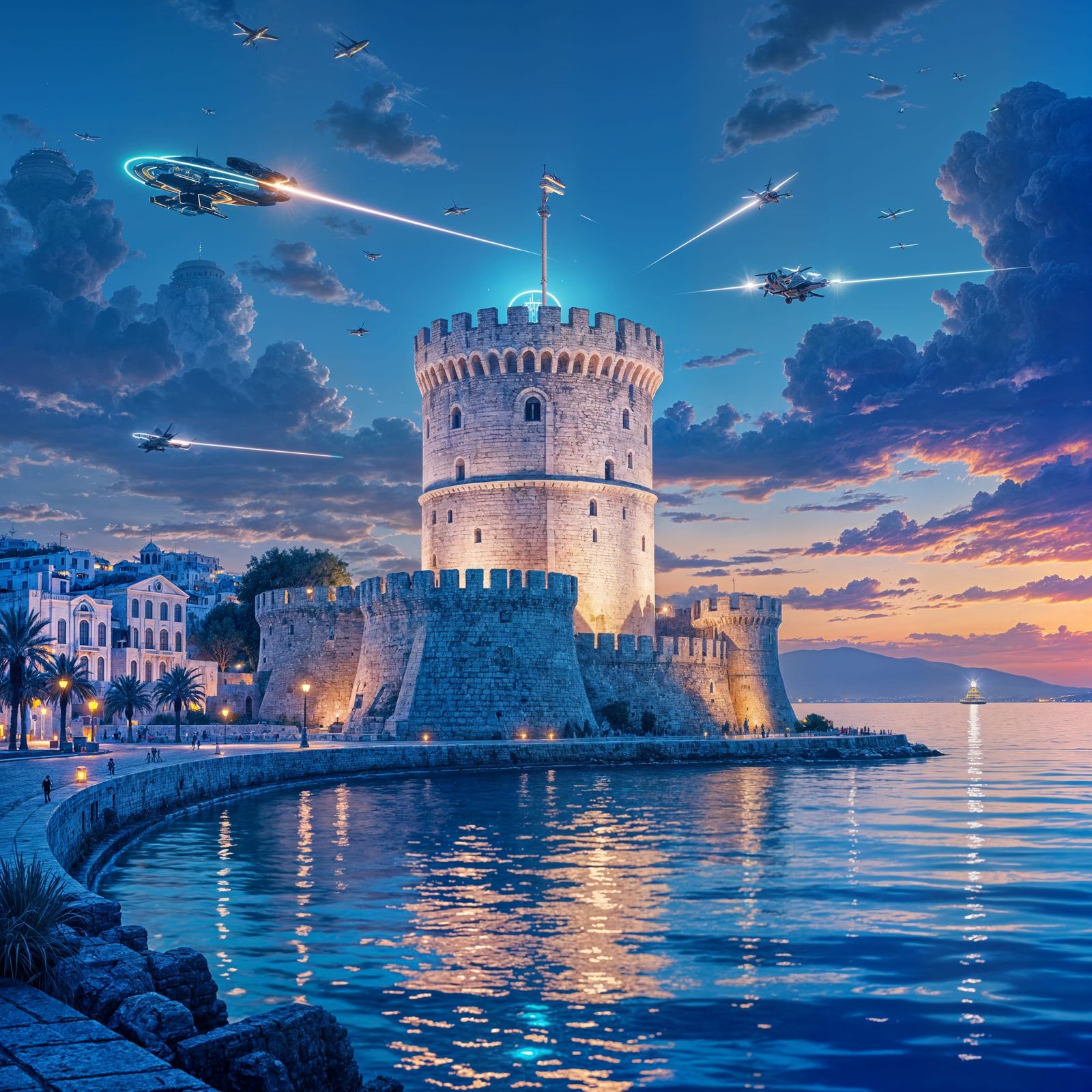 The White Tower of Thessaloniki in Neon, Retro-Futuristic Ci...