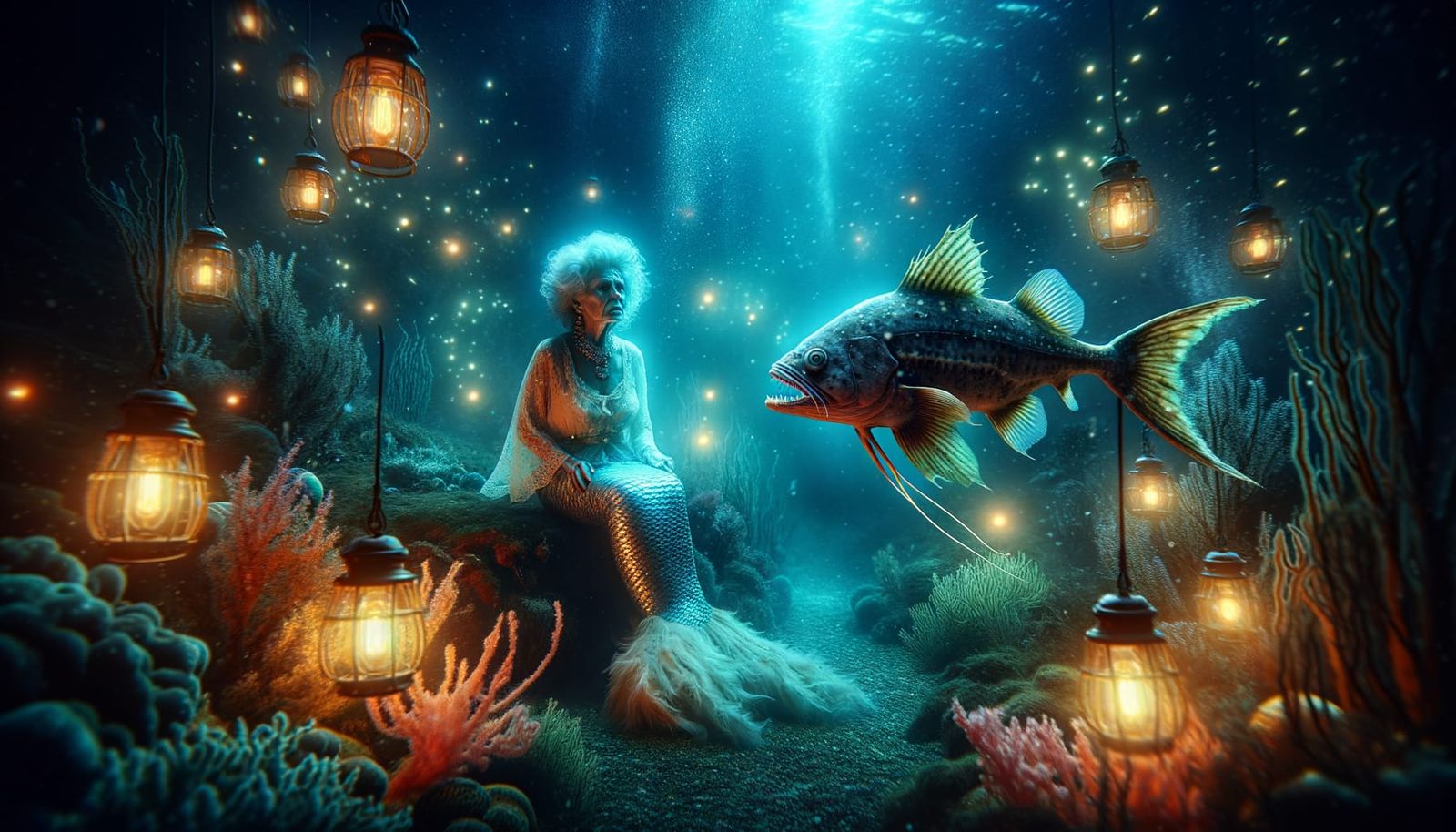 Grandmother Mermaid and Anglerfish in Bioluminescent Deep Se...