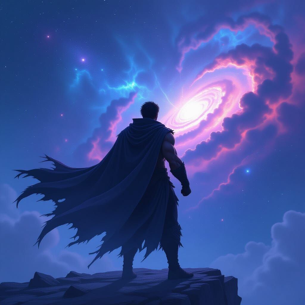 Wrestler on Precipice Overlooking Cosmic Void in 3D Anime St...