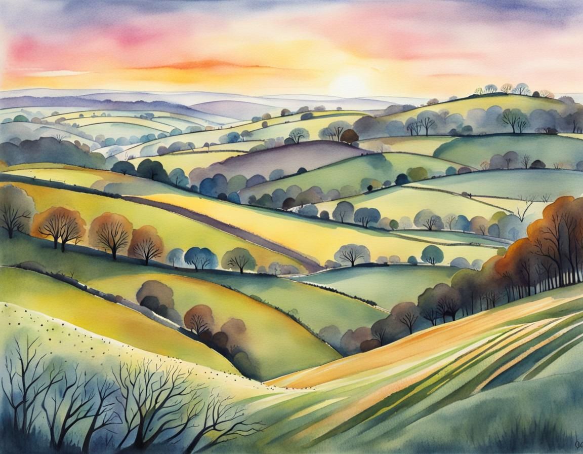 Cotswold Hills Sunrise: Winter Watercolor Illustration