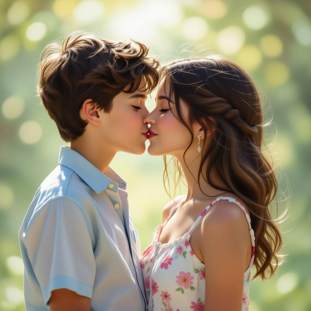 Boy and Girl Kissing in Romantic Realism Style