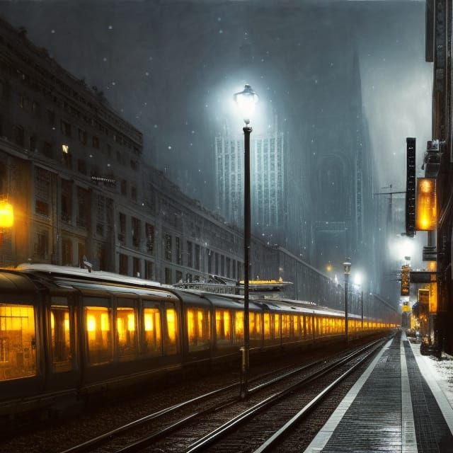 Night Train at Subway Platform: Hyperrealistic Photo