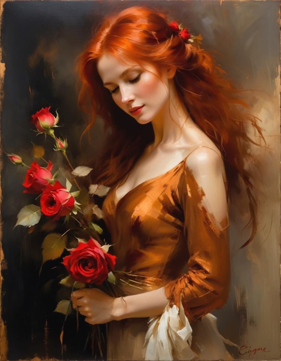 Copper-Colored Woman with Roses in Rembrandt Style