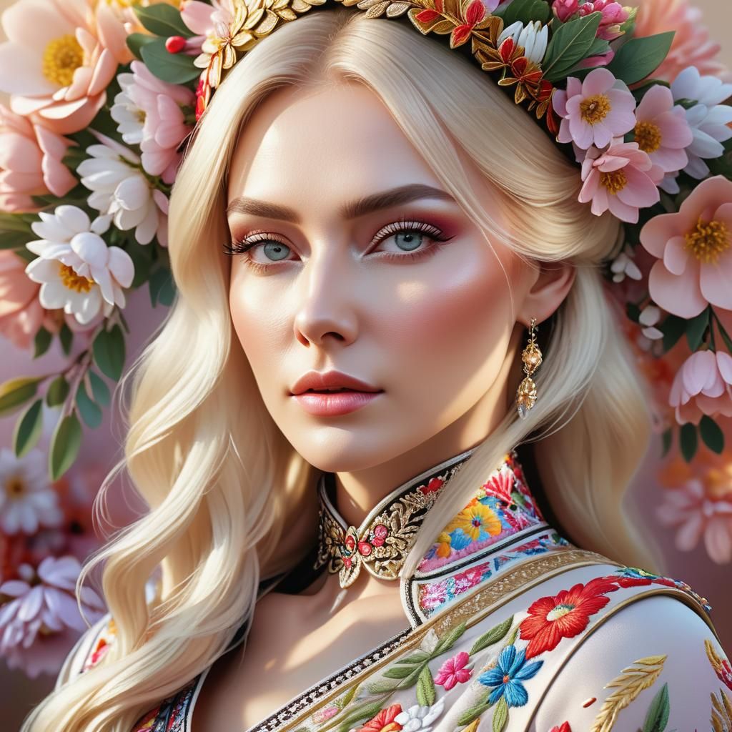 Beautiful Slavic Woman in Futuristic Floral Clothing