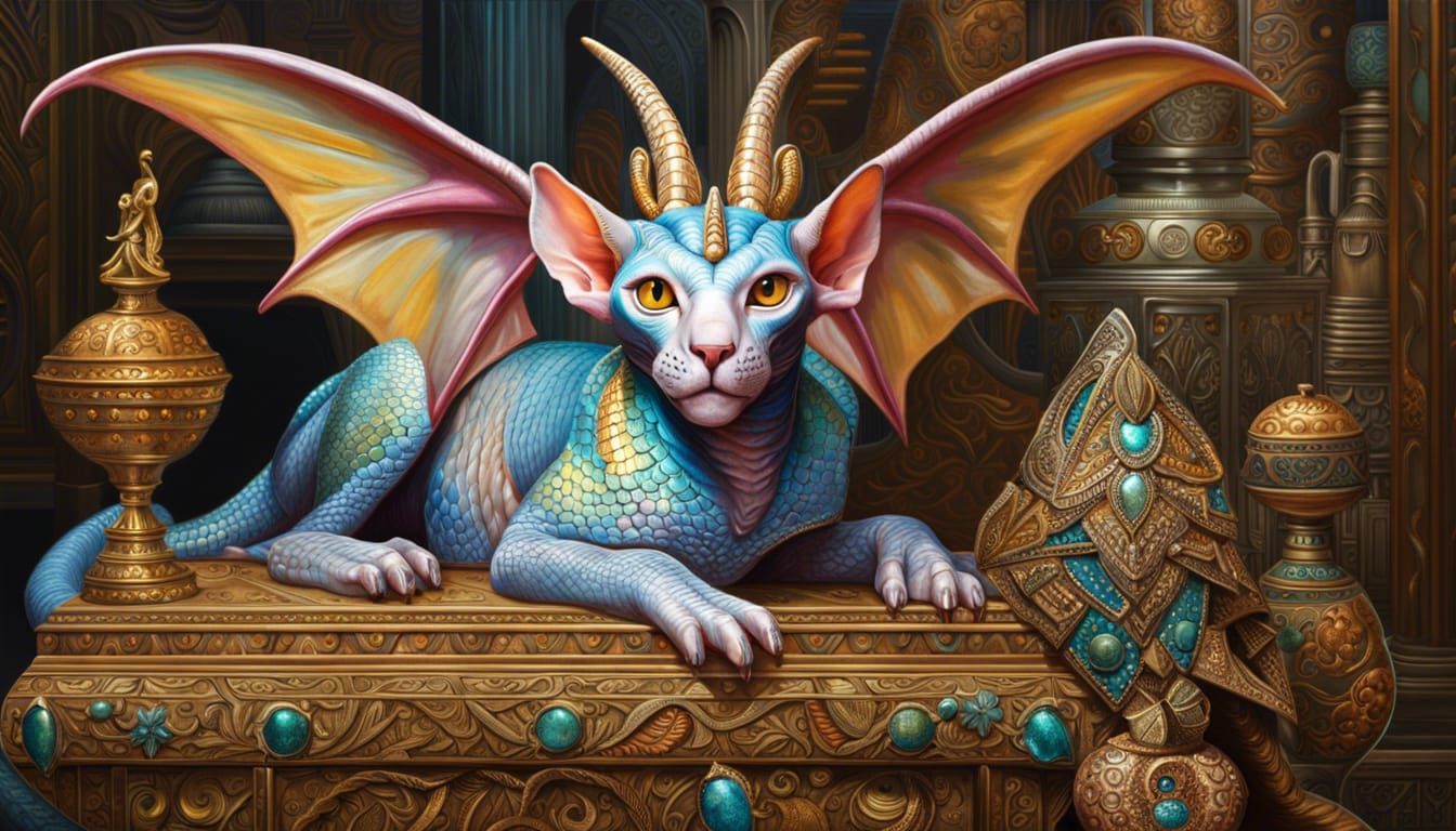 Sphynx Cat-Dragon Hybrid on Treasure, 3D Concept Art