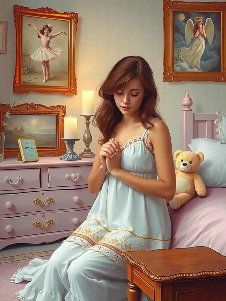 Young Woman in 1980s Bedroom Prayer Scene