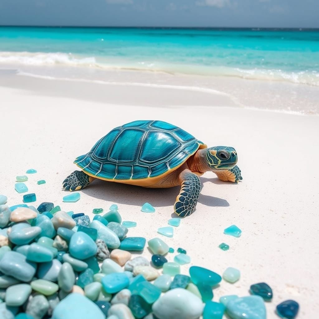 Turquoise Tortoise on White Sand Beach: Dreamy Art