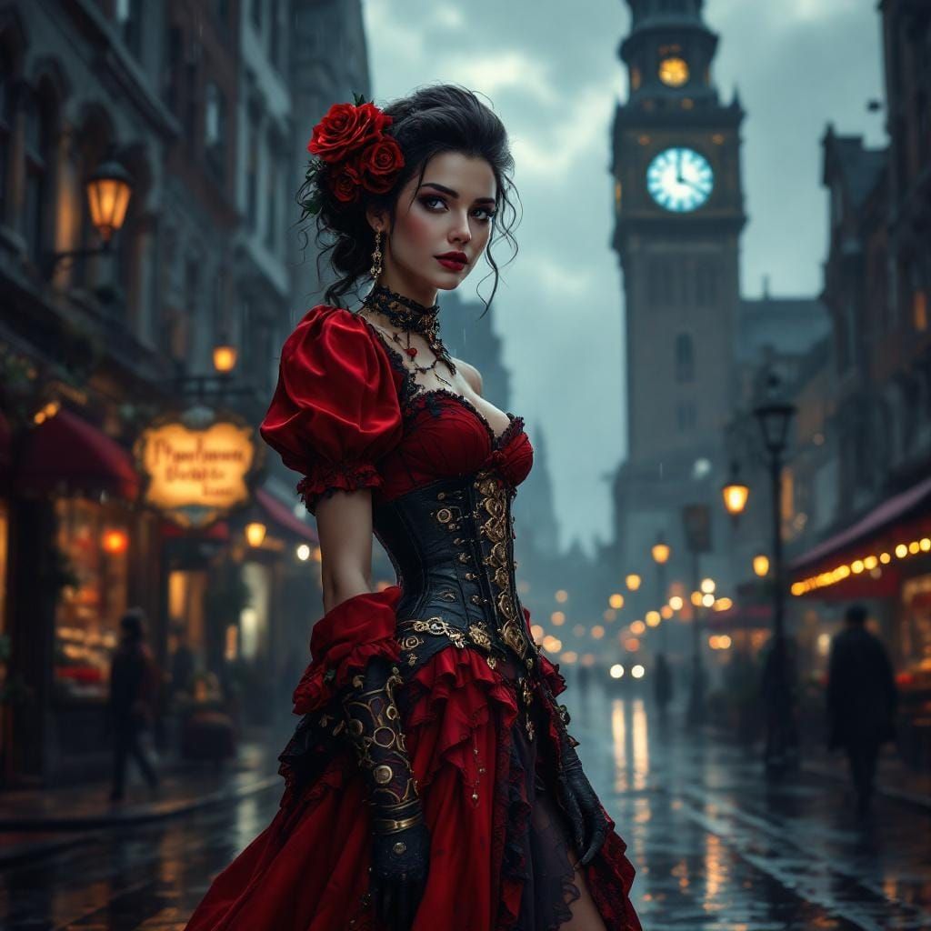Steampunk Woman in Rainy City at Night