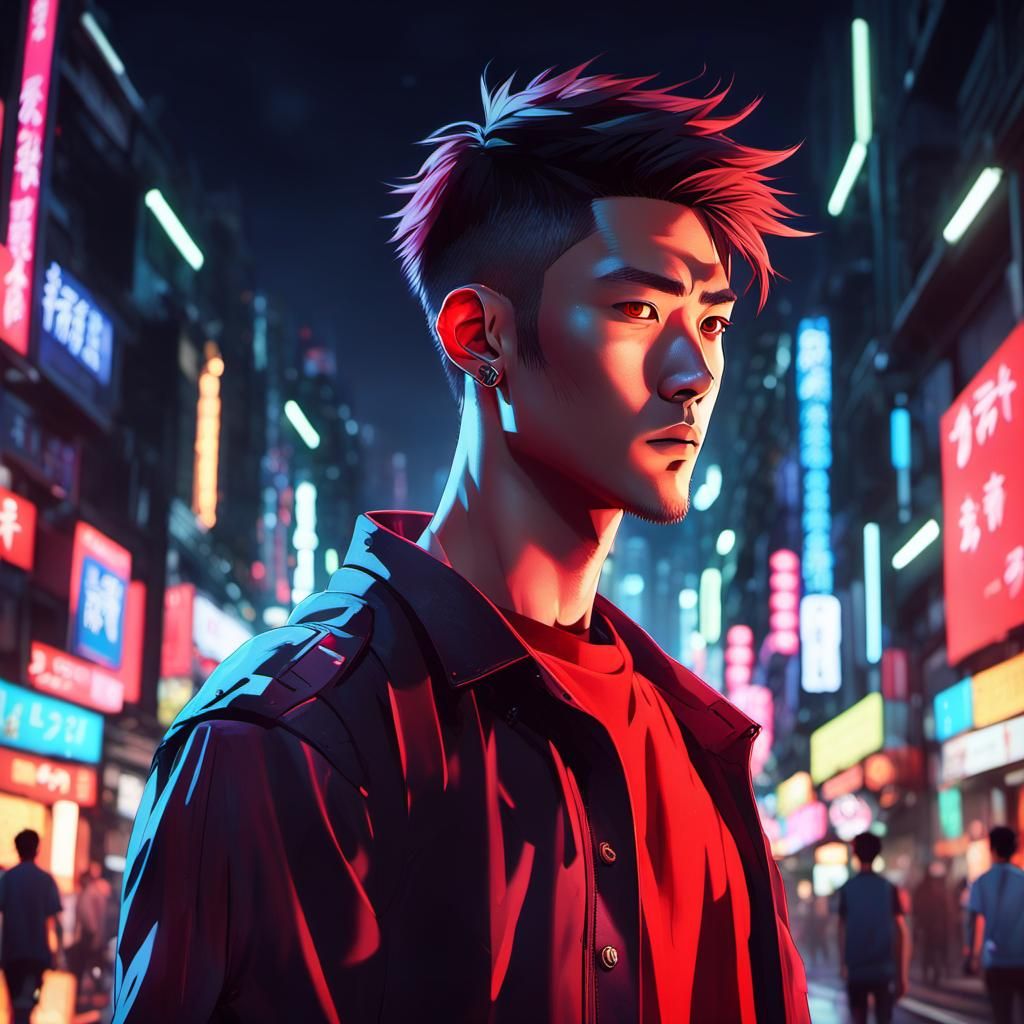 Cyberpunk Anime Man in Taipei at Night