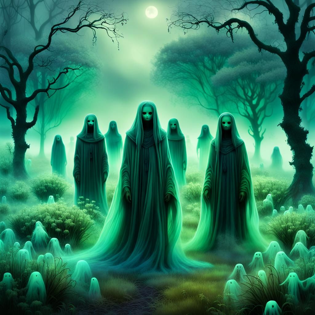 Ethereal Spirits Dancing in a Haunting Twilight Landscape