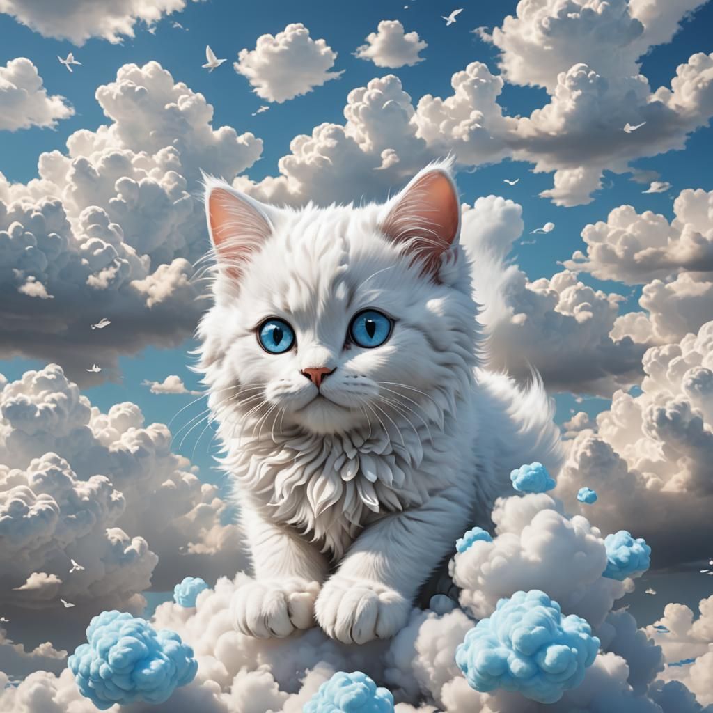 adorable cloud kitten cat made out of clouds cute cloud cat, cloud cat, cloud puffs, light blue eyes, pure white cloud c...