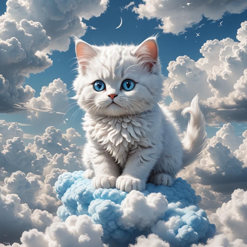 adorable cloud kitten cat made out of clouds cute cloud cat, cloud cat, cloud puffs, light blue eyes, pure white cloud c...