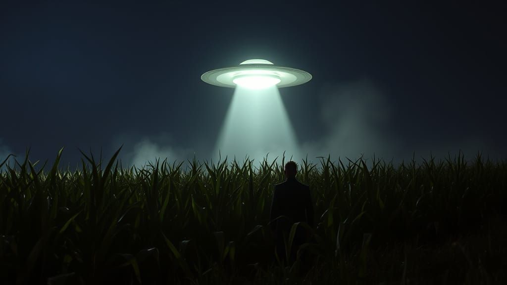 Alien Saucer Light Over Cornfield with Silhouettes