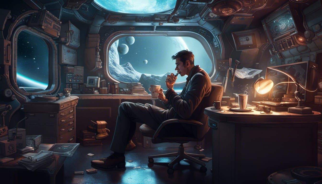 Private Eye in Space Station Office, Detailed Matte Painting