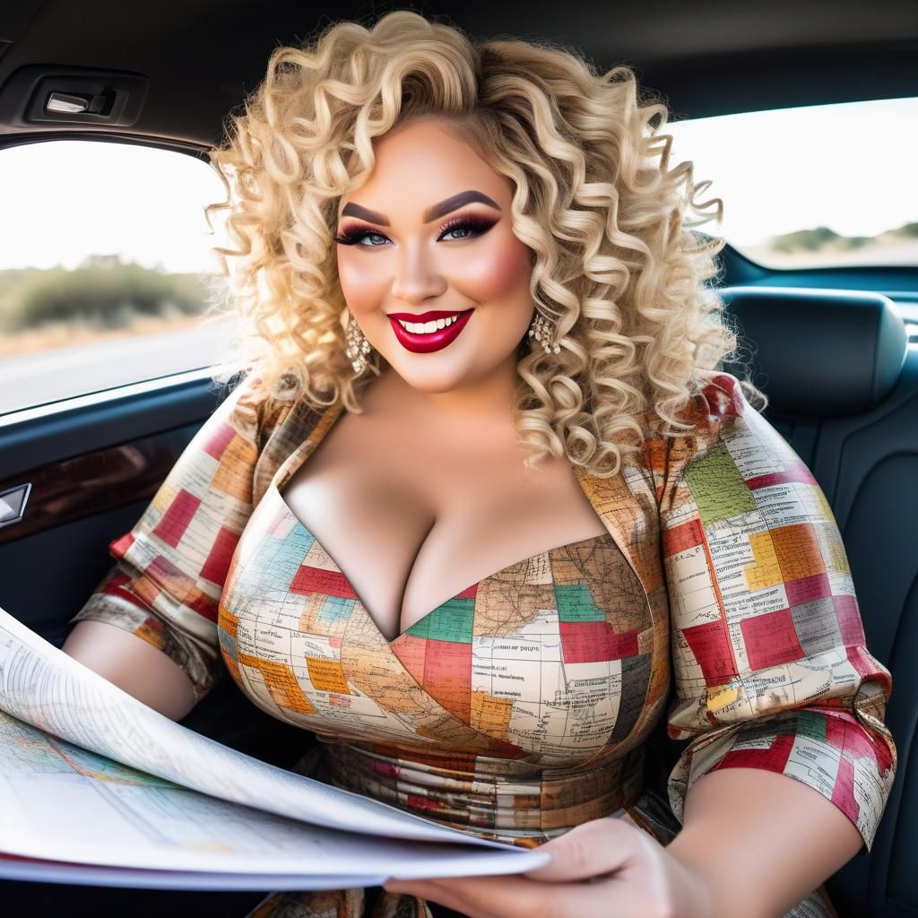 Curvy Blonde Woman Reading Map in Car