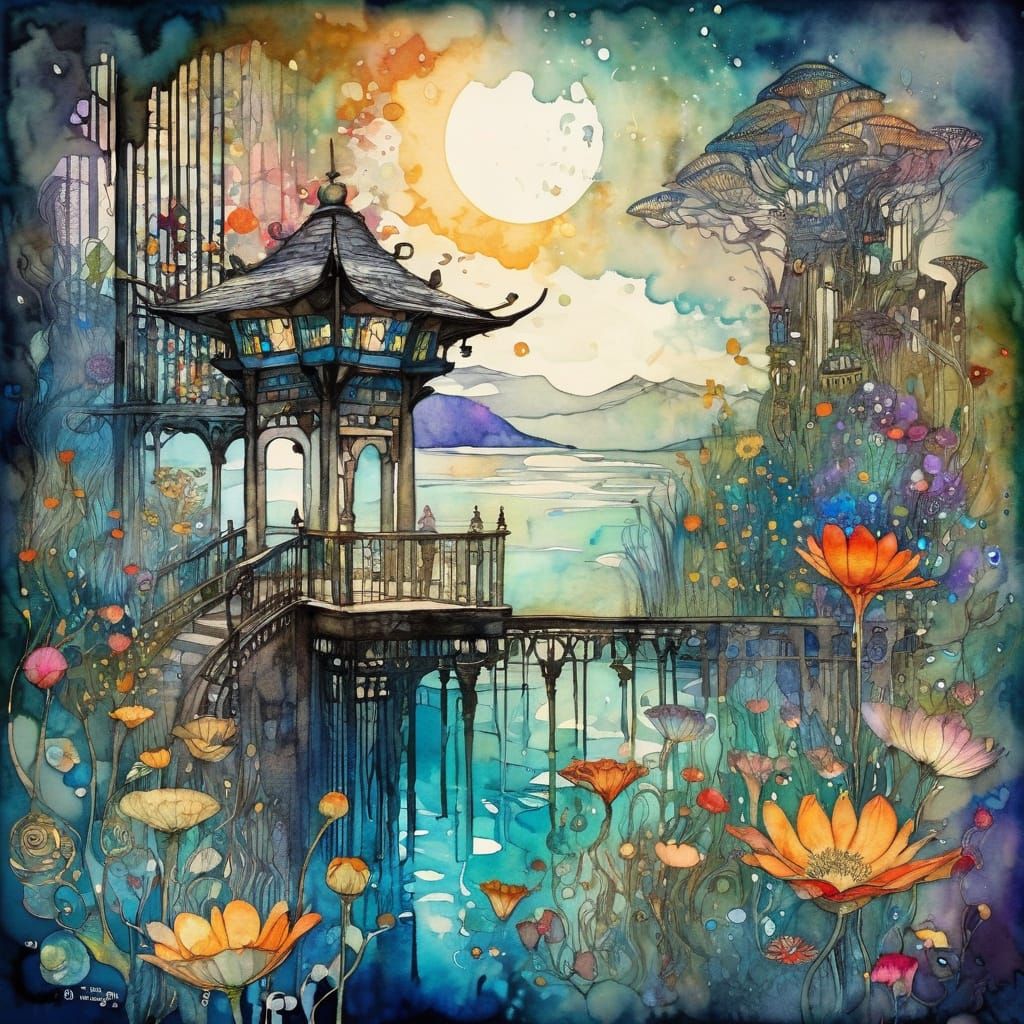 Surreal Dreamscape in Liquid Ink Watercolour