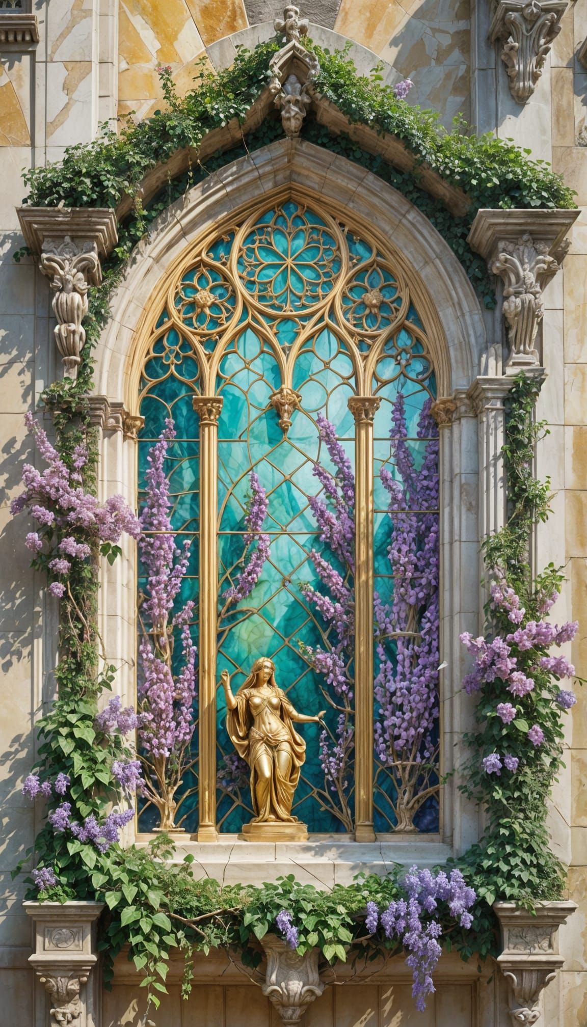 Ogival Gothic Window in Golden Splendor, Framed by Wisteria....