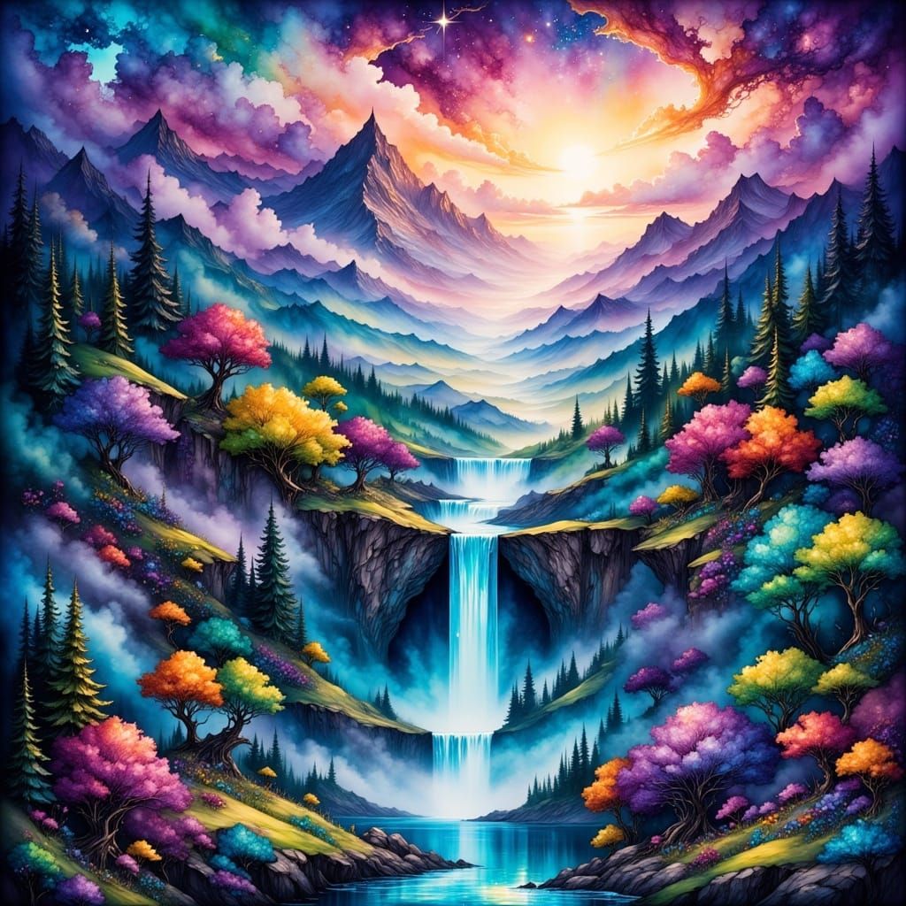 Whimsical Fantasy Realm with Iridescent Hues and Crystal For...