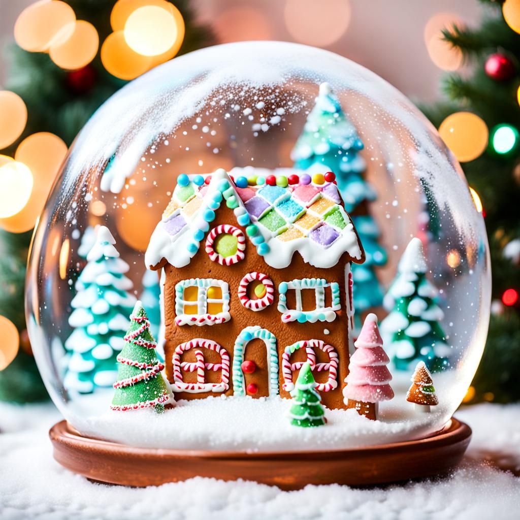 Gingerbread House in Snow Globe with Pastel Trees
