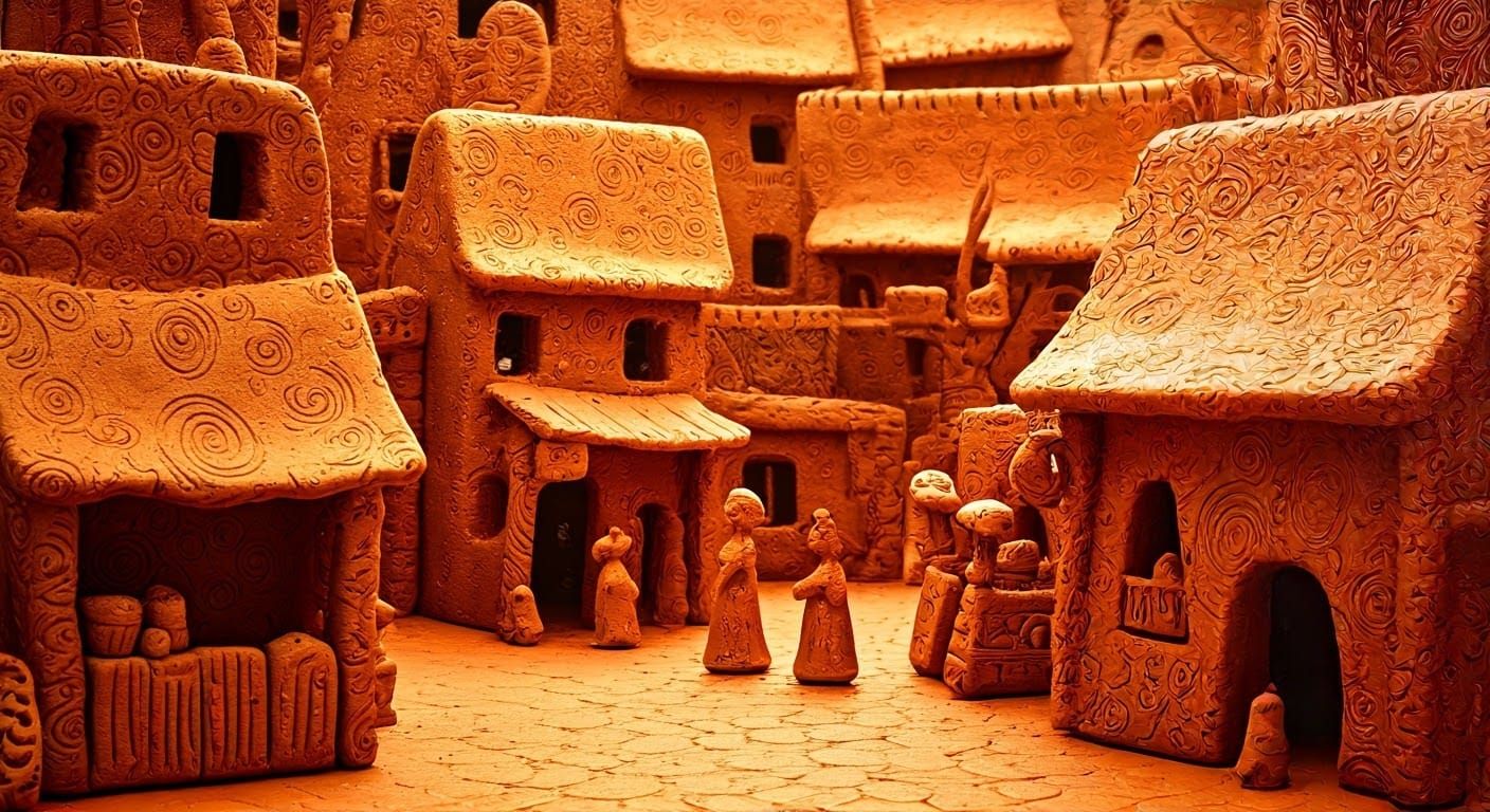Earthen Village Scene in Terracotta Style