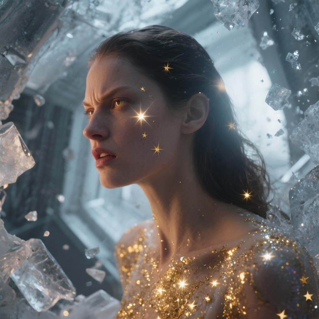 Angry Woman's Face in Profile with Glittering Stars