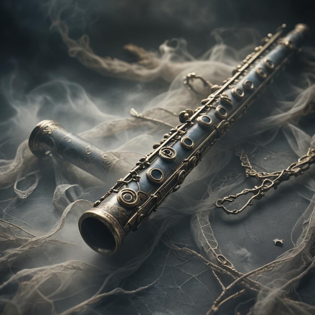 Eerie Antique Flute with Glowing Runes in Ethereal Mist