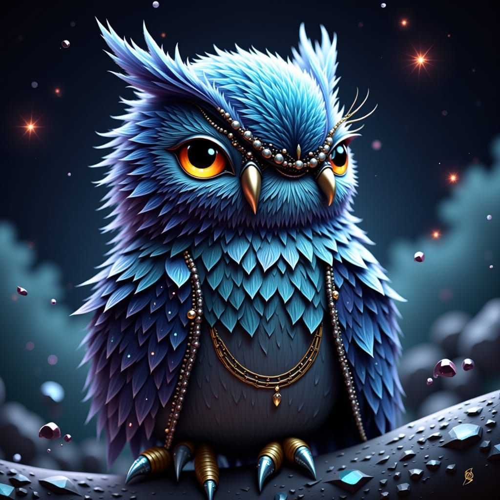 Crystallized Chrome Owl Posing in a Mysterious Night Sky