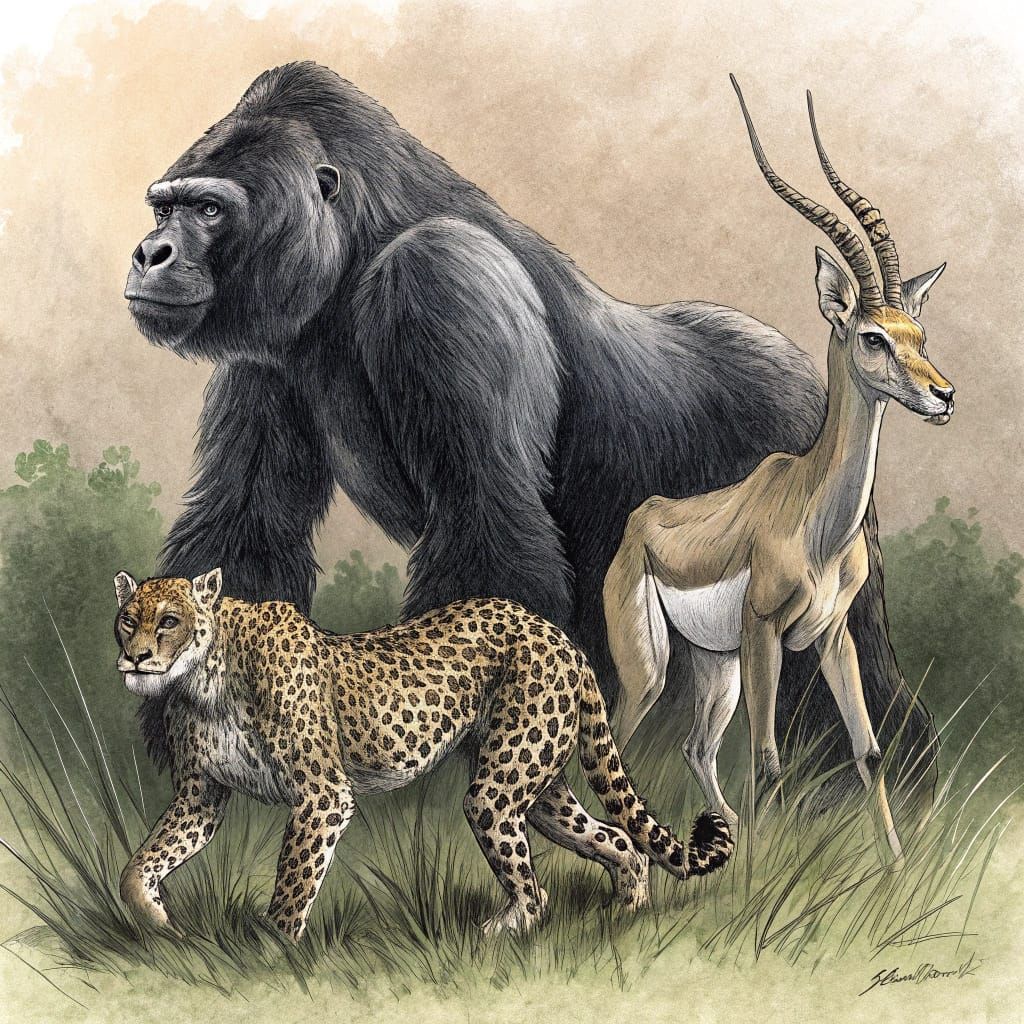 African Wildlife Scene in Charcoal Style