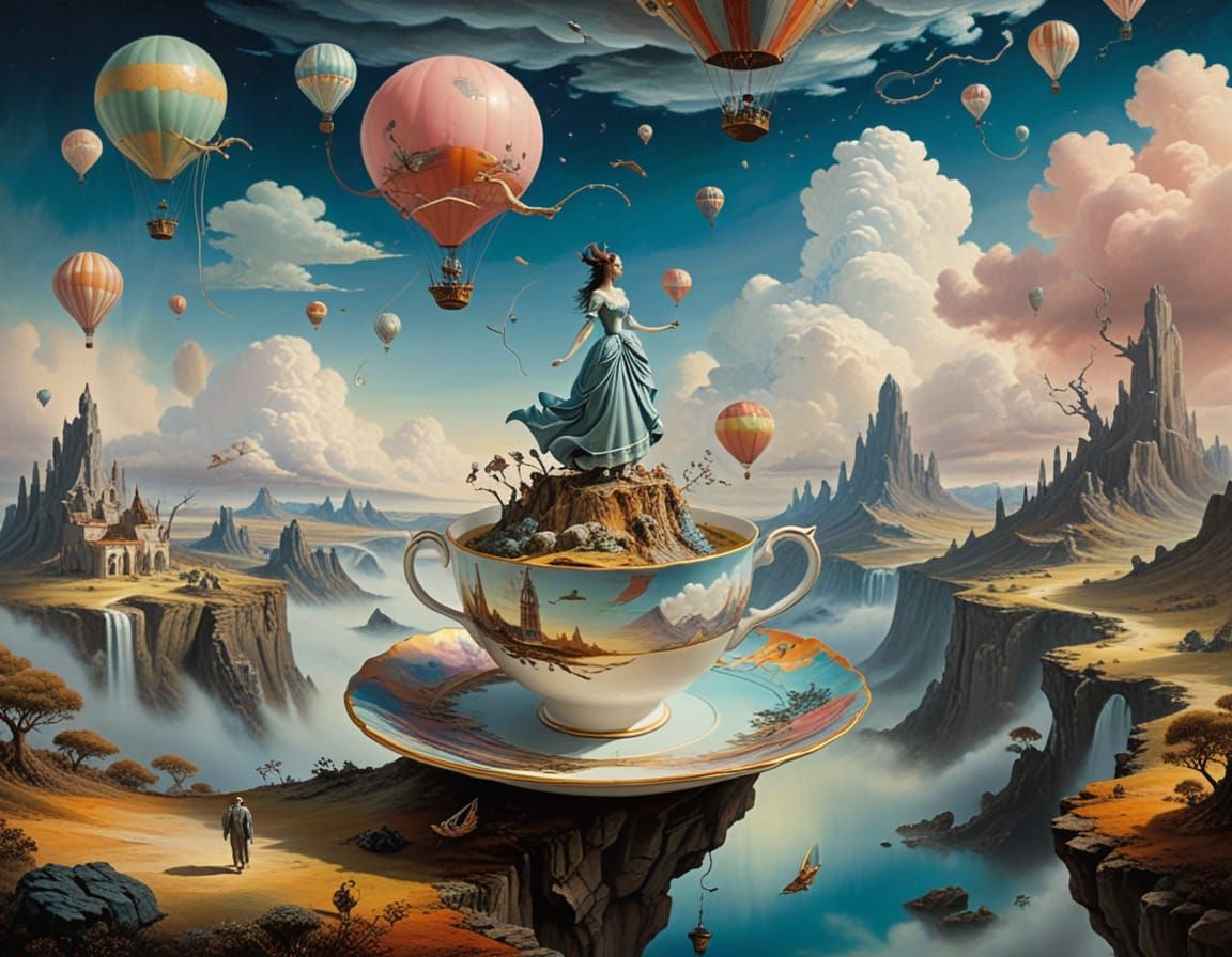 Surreal Teacup Haven in Dreamlike Skies