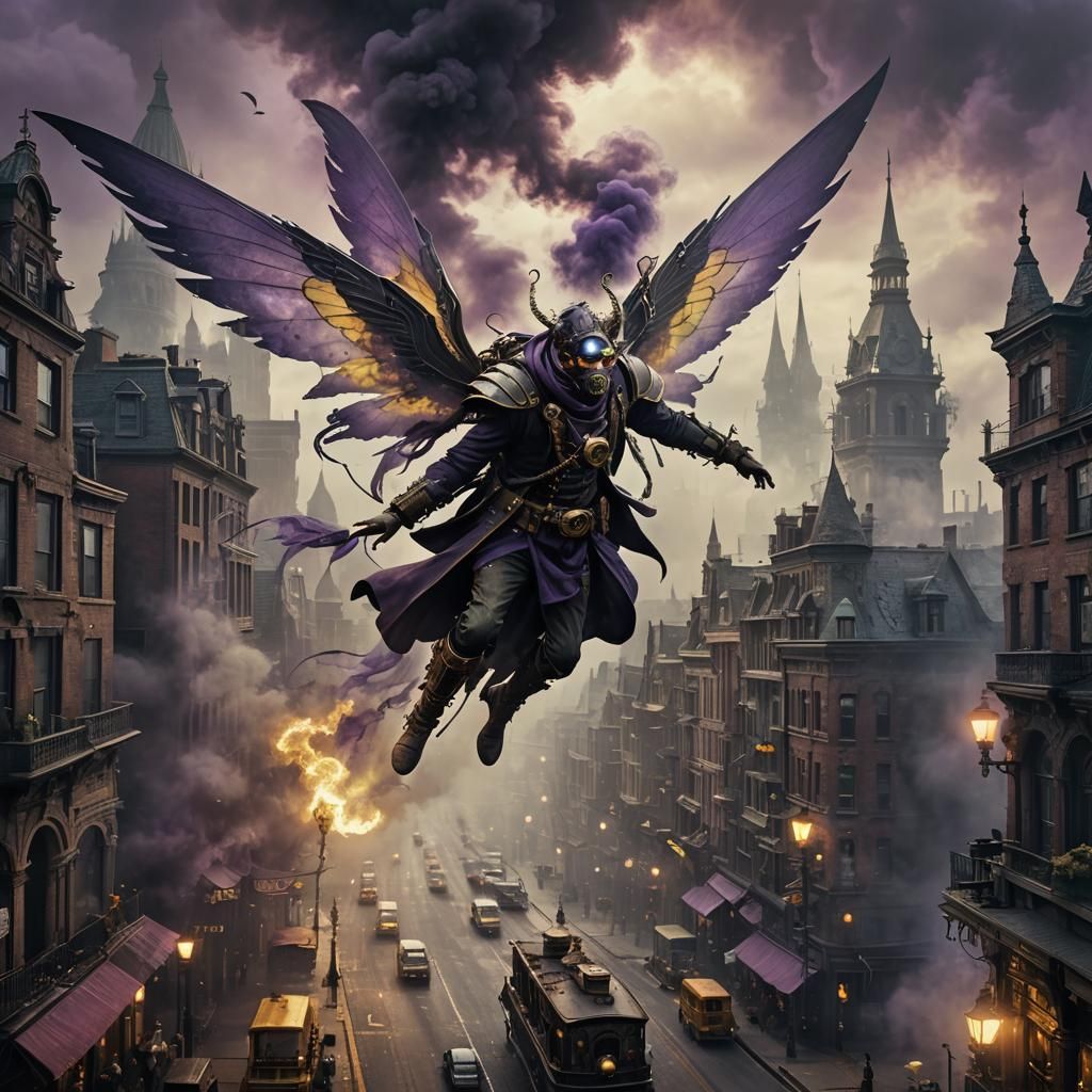 Steampunk Smog Fairy in Dark Fantasy Cityscape