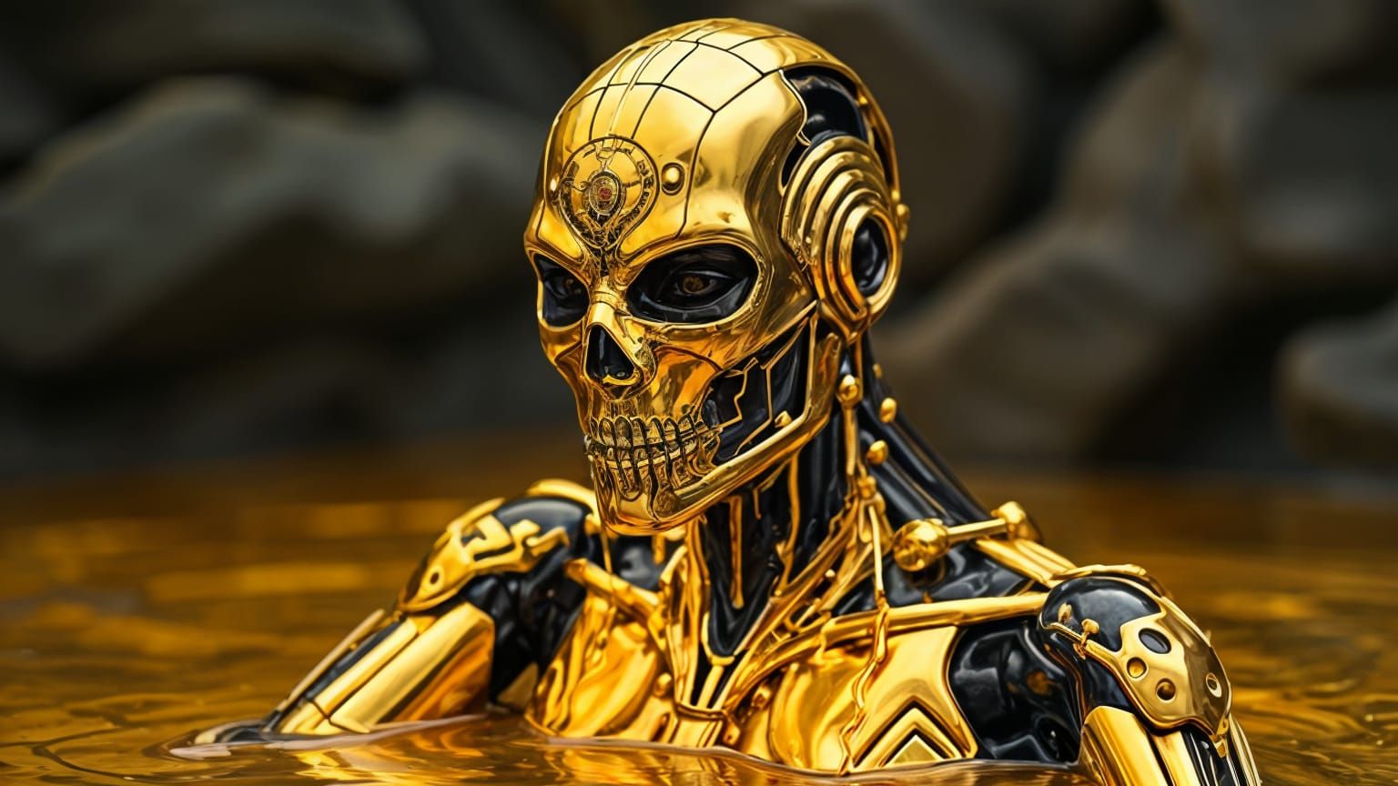 Golden Liquid Robot Goddess in Molten Gold