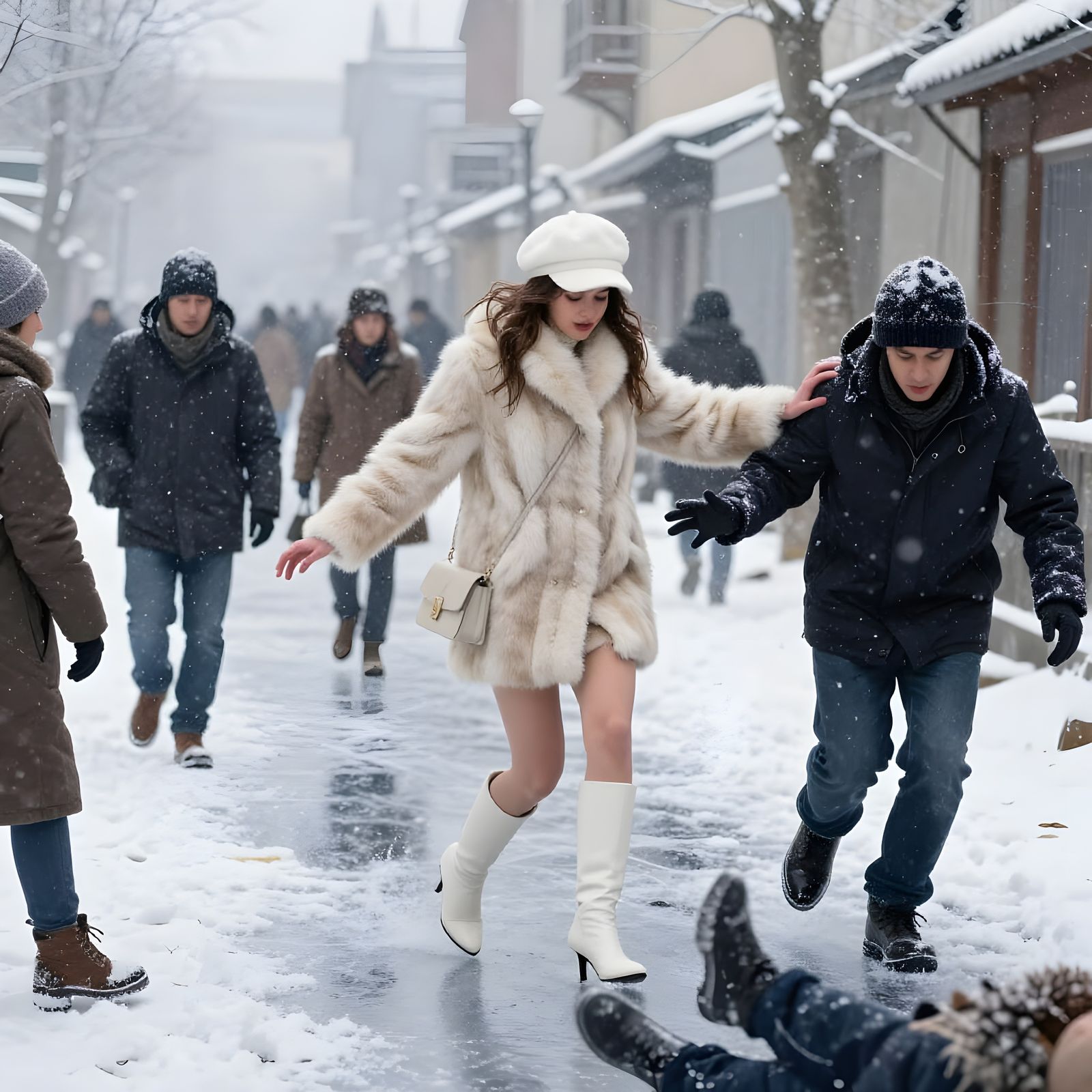 Woman Falls on Glistening Ice in Frosty Alley