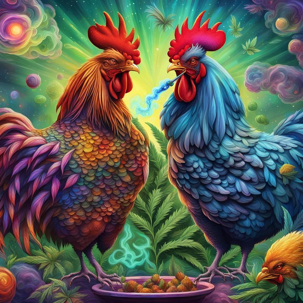 Giant Chickens Smoking Bong, Psychedelic Astral Illustration