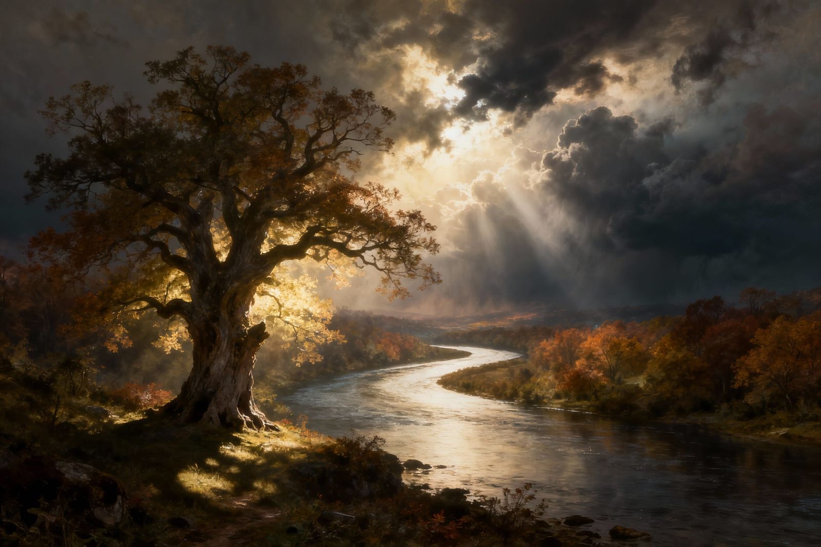 Dreamlike Autumn River Under Stormy Sky with Glowing Tree