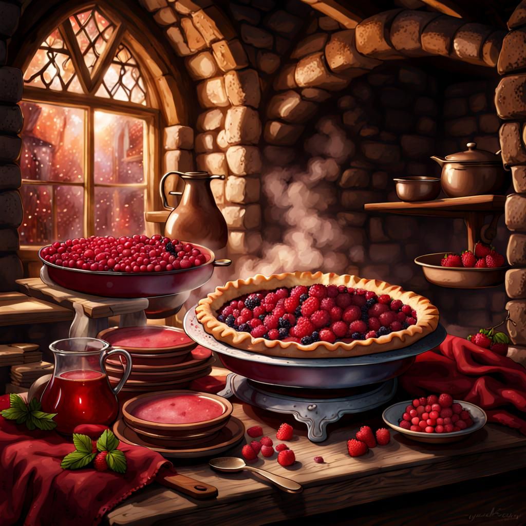 Steaming Berry Pie in Medieval Fantasy Kitchen