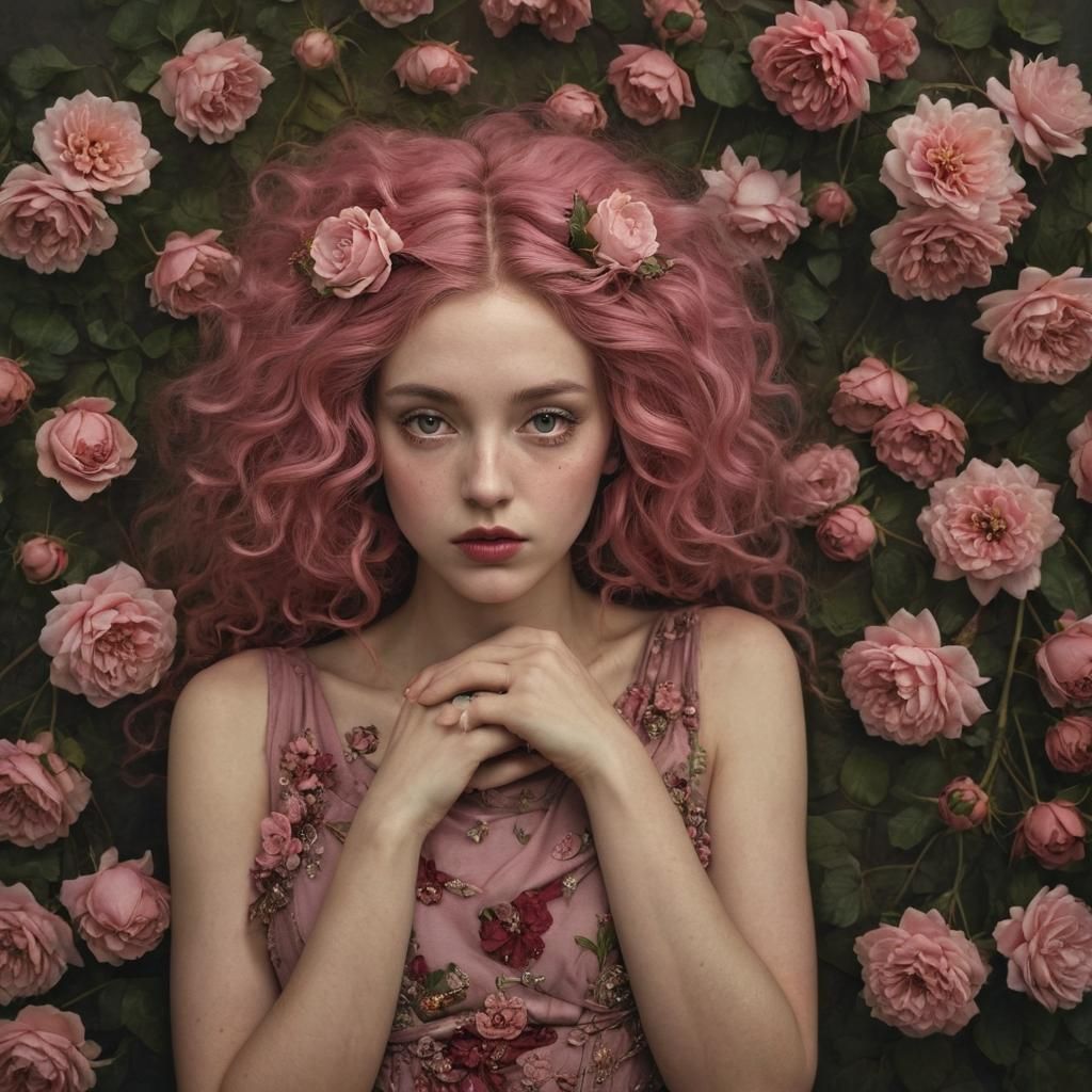 Pre-Raphaelite Woman with Pink Hair in Romantic Style